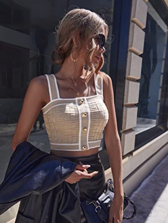 Sleeveless Square Neck Crop Tank Top Button Front Slim Fit Ribbed Knit - Picture 4 of 7